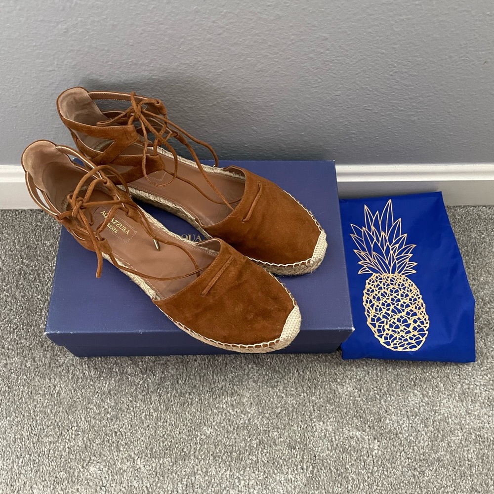 Aquazzura Brown Suede Espadrille Lace-Up Flats